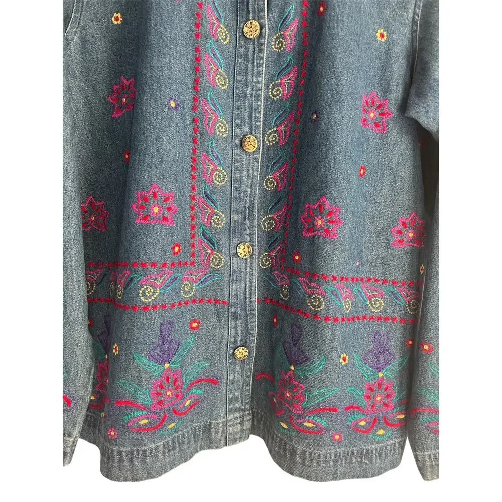 Vintage Coldwater Creek Size Large 100% Cotton‎ Boho Embroidered Denim Jacket